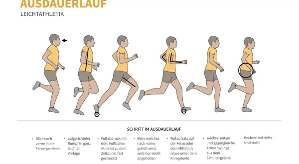 Illustrationen zeigen Schritte des Ausdauerlaufs: aufrechter Rumpf, Fußabdruck auf Fußballen, Armschwünge. So trainierst du grundlagenausdauer.