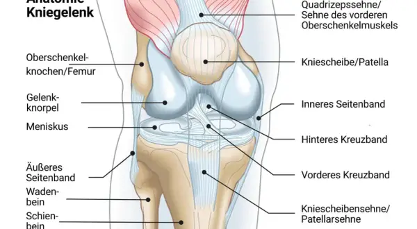 Anatomie des Kniegelenks: Sehnen, Bänder und Knochen. Die Quadrizepssehne ist Teil der Oberschenkelmuskulatur.
