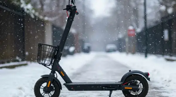 Ein schwarzer Elektroroller mit Korb steht im Schnee. Selbst im Winter ist **Roller fahren** möglich, wenn man vorsichtig ist.