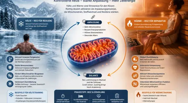 Kälte & Wärme stärken deine Mitochondrien. Das Bild zeigt, wie Reize wie Eisbaden und Sauna die Zellenergie durch Mitochondrientraining verbessern.