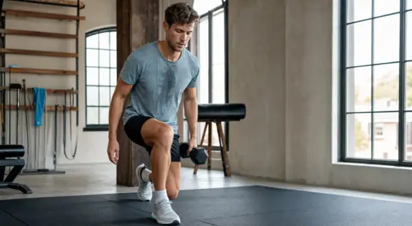 Mann macht Ausfallschritte mit Hantel. Perfekt für einen ausgewogenen joggen und krafttraining wochenplan.