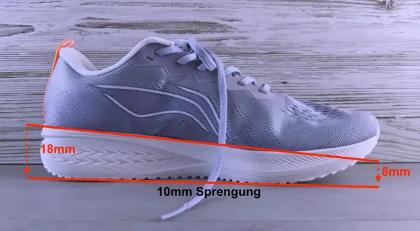 Grauer Laufschuh mit 10mm Sprengung. Die Fersendämpfung beträgt 18mm, die Vorderfußdämpfung 8mm.