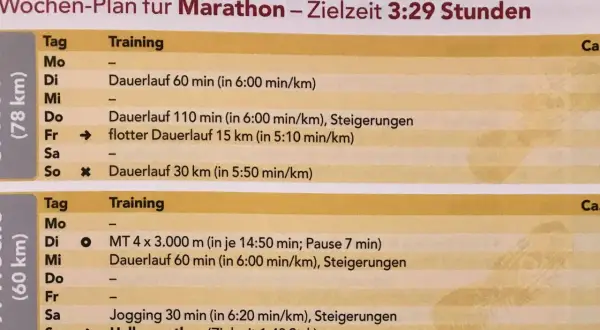 Trainingsplan für Marathon-Vorbereitung: Langläufe, Intervalle und ein Halbmarathon-Testlauf.