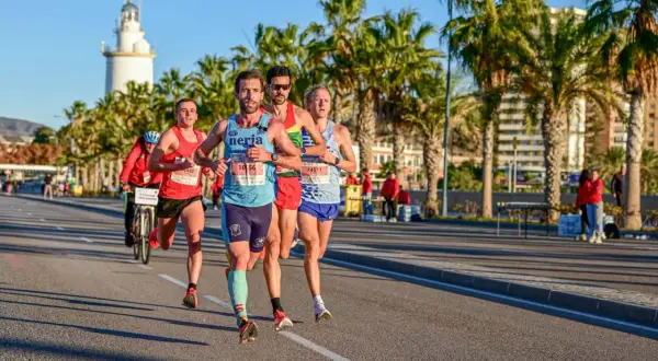 Läufer beim Malaga Marathon, vorbei an Palmen und dem Leuchtturm.