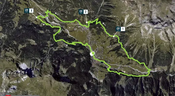 Luftaufnahme des Madrisa Trails mit Markierungen 1, 2 und 3. Der grüne Pfad schlängelt sich durch Wälder und über Berge.