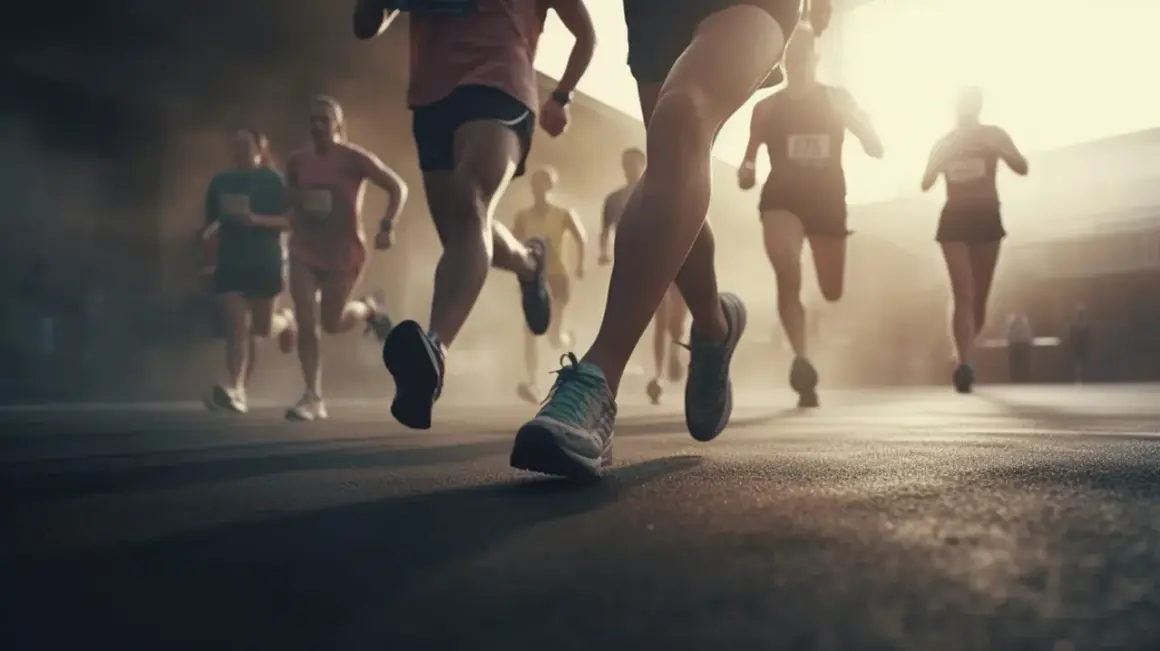 Läufer im Wettkampf, bereit für ihren Halbmarathon. Ein kostenloser Trainingsplan hilft dir, dieses Ziel zu erreichen.