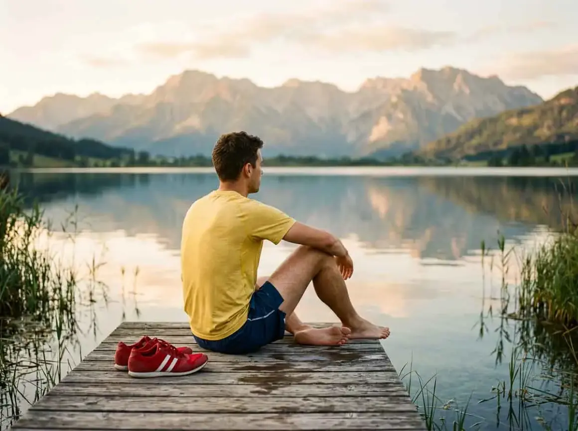 Mann sitzt auf Steg am See, blickt auf Berge. Seine roten Turnschuhe liegen daneben. Er genießt die Ruhe seiner taper week.