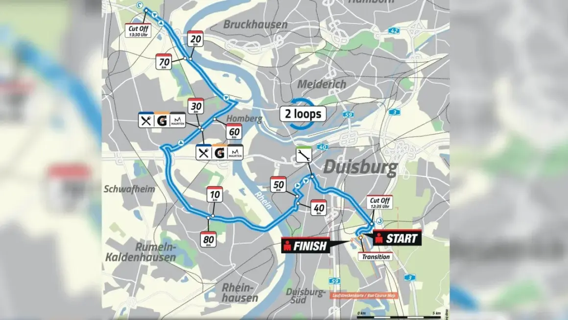 Streckenkarte für den Duisburg Ironman mit Start/Ziel, Kilometermarkierungen und Cut-Off-Zeiten. Die Route führt durch Homberg, Meiderich und entlang des Rheins.