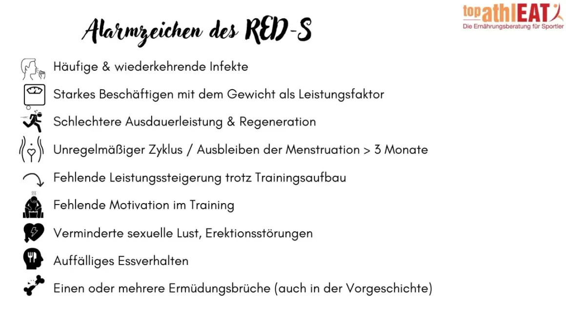 Alarmzeichen des RED-S: Infekte, Gewichtsfokus, schlechte Leistung, Zyklusstörungen, fehlende Steigerung, Motivationsverlust, sexuelle Probleme, Essstörungen, Ermüdungsbrüche.