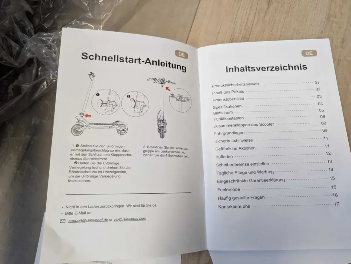 Schnellstart-Anleitung und Inhaltsverzeichnis für e-scooter papiere. Enthält Aufbau, Sicherheit und Wartung.