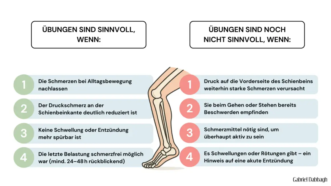 Schienbein-Schmerzen: Wann Übungen helfen und wann nicht. Bei Muskelkater im Schienbein sind Übungen sinnvoll, wenn Schmerzen nachlassen und keine Entzündung vorliegt.