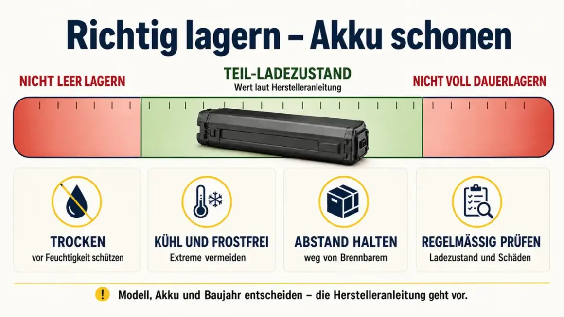 Akkus richtig lagern: Teil-Ladezustand, trocken, kühl, Abstand halten, regelmäßig prüfen. So schonen Sie Ihren Akku.