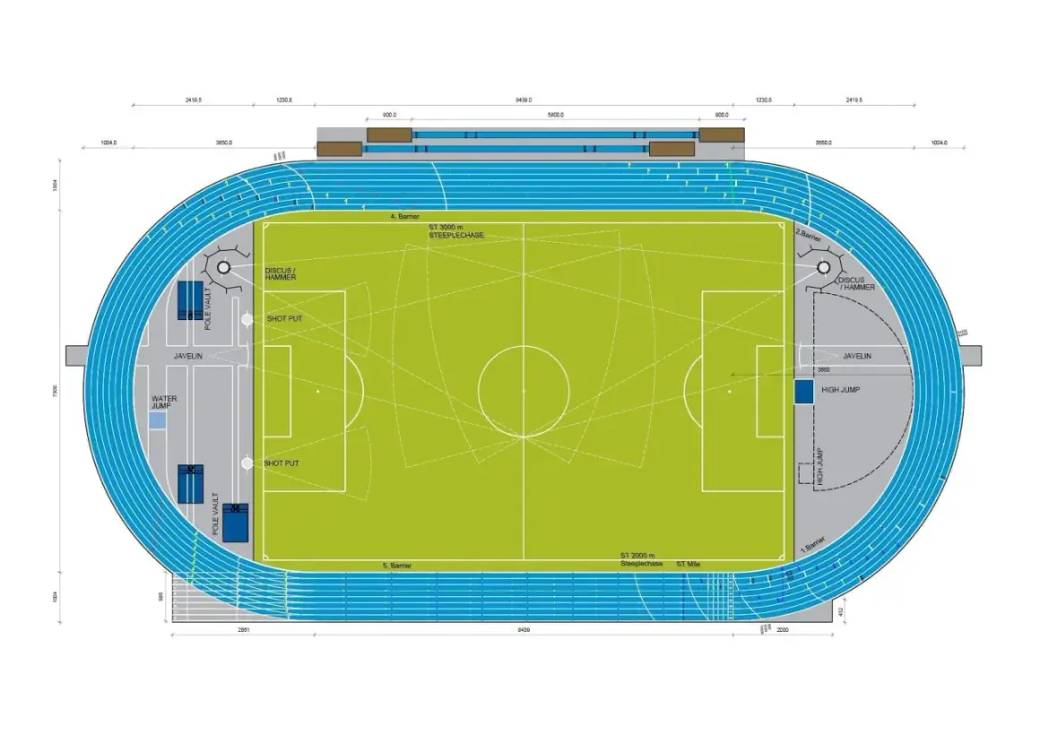 Grundriss einer Leichtathletik-Anlage mit Laufbahn, Fußballfeld und Disziplinen wie Weitsprung. Die Gesamtlänge der Tartanbahn ist hier nicht direkt angegeben, aber die Maße der einzelnen Abschnitte sind sichtbar.