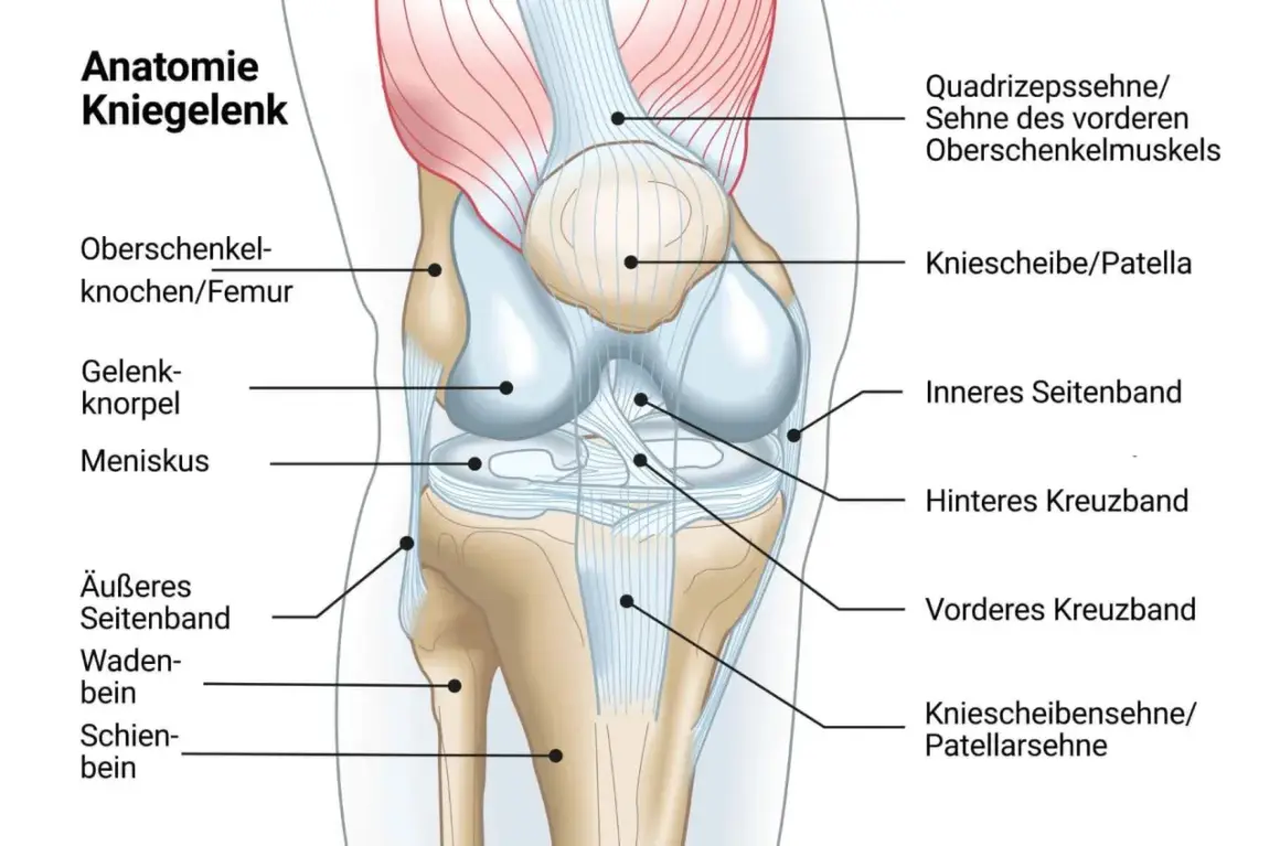 Anatomie des Kniegelenks: Sehnen, Bänder und Knochen. Die Quadrizepssehne ist Teil der Oberschenkelmuskulatur.