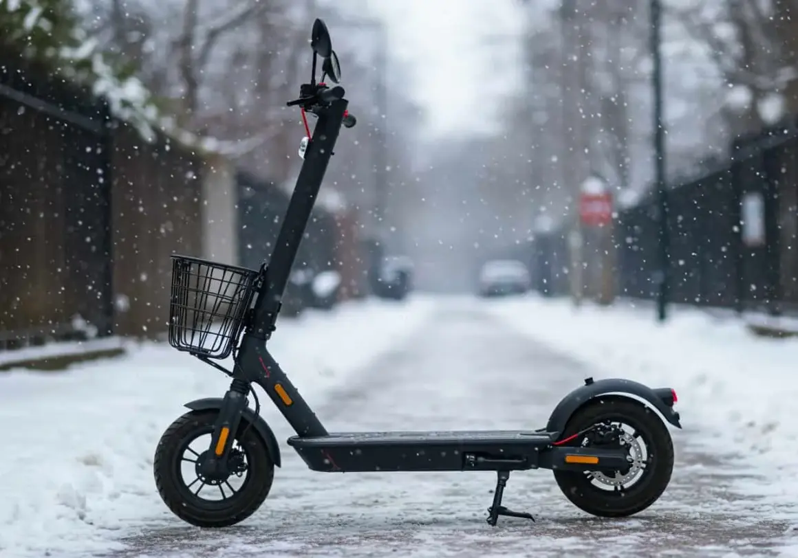 Ein schwarzer Elektroroller mit Korb steht im Schnee. Selbst im Winter ist **Roller fahren** möglich, wenn man vorsichtig ist.