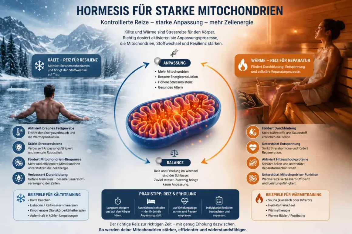 Kälte & Wärme stärken deine Mitochondrien. Das Bild zeigt, wie Reize wie Eisbaden und Sauna die Zellenergie durch Mitochondrientraining verbessern.