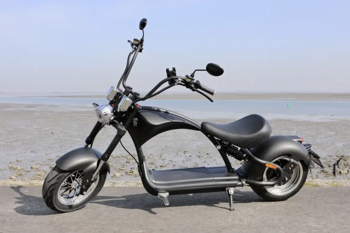 Schwarzer E-Scooter im Chopper-Stil am Strand der Niederlande. Ab wann darf man damit fahren?