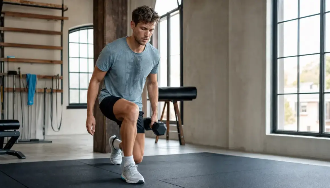 Mann macht Ausfallschritte mit Hantel. Perfekt für einen ausgewogenen joggen und krafttraining wochenplan.
