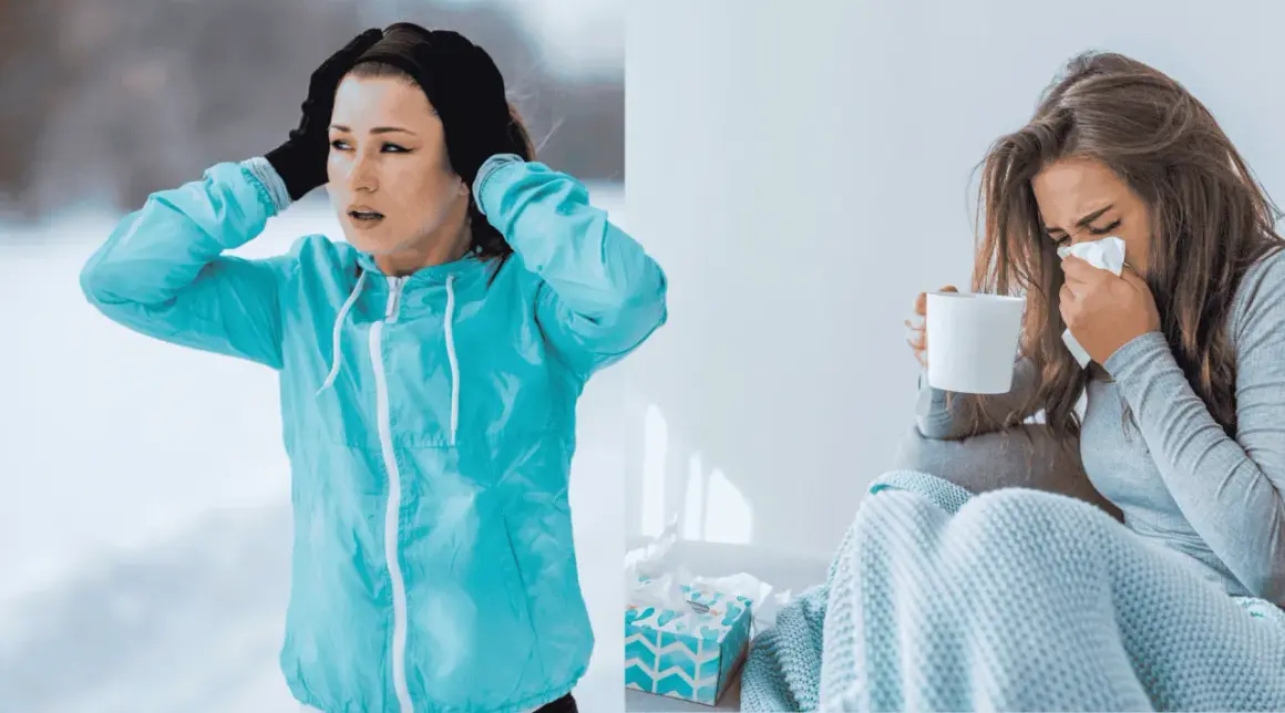 Frau mit Halsschmerzen nach Sport im Freien, rechts eine kranke Frau mit Taschentuch und Tasse.