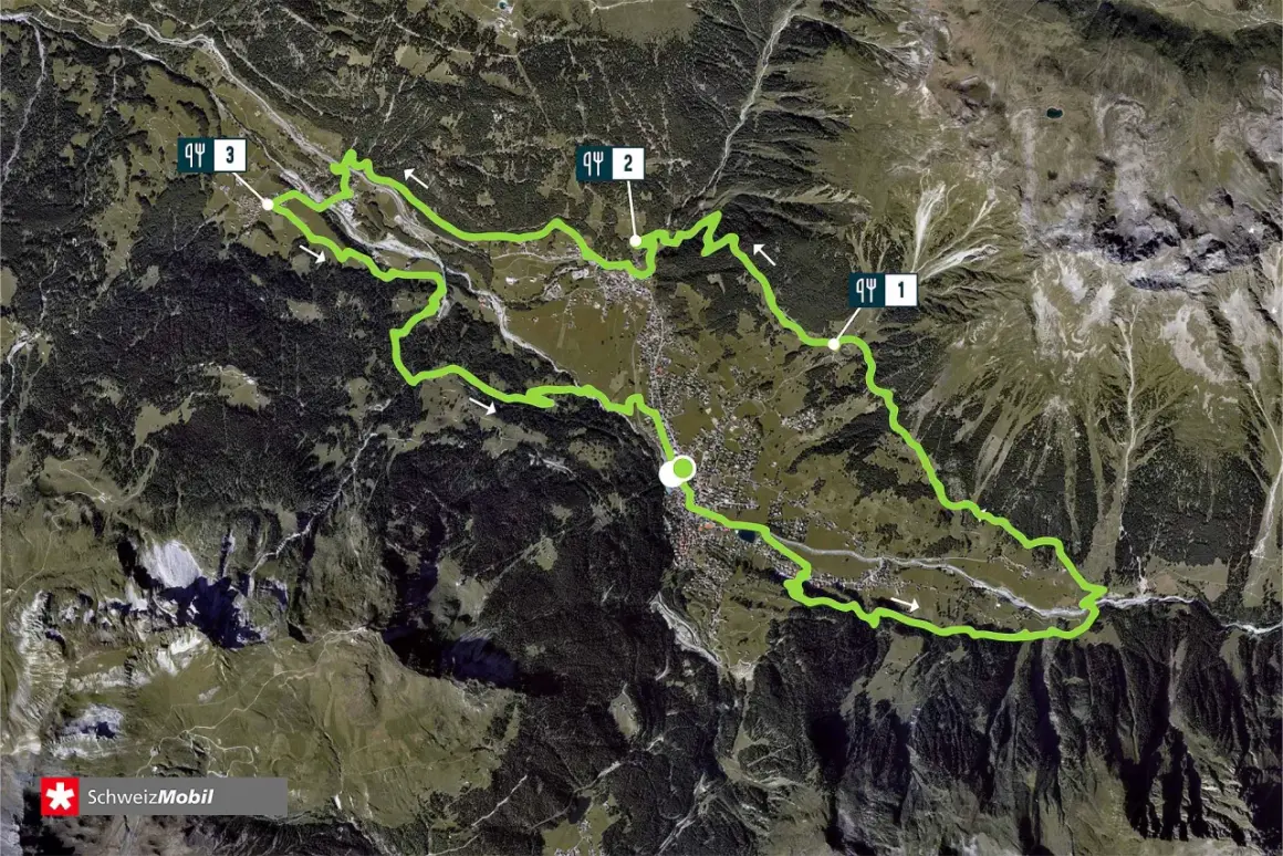 Luftaufnahme des Madrisa Trails mit Markierungen 1, 2 und 3. Der grüne Pfad schlängelt sich durch Wälder und über Berge.