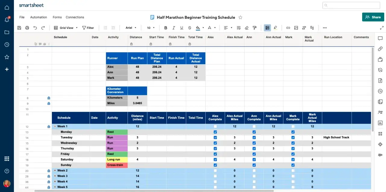 Ein Marathon Trainingsplan in Smartsheet. Alex, Ann und Mark verfolgen ihre L&auml;ufe und Distanzen.
