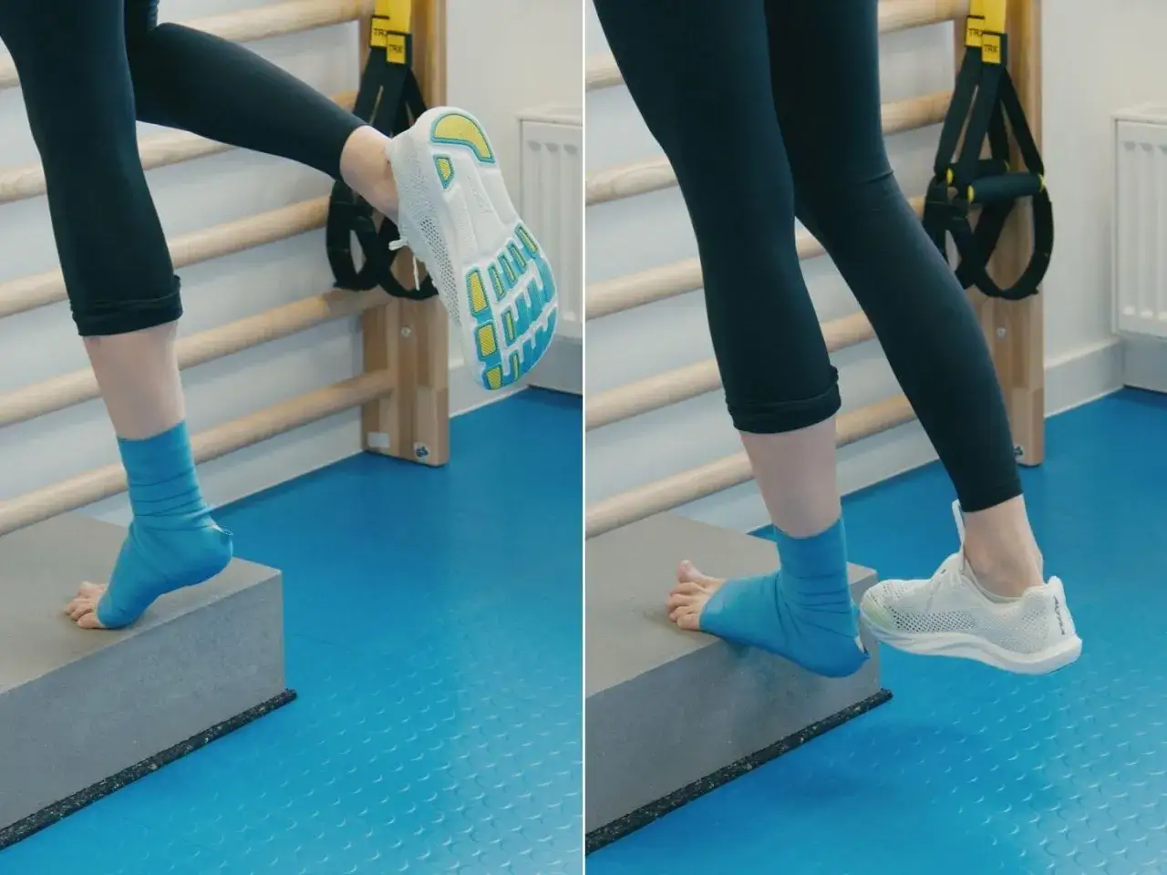 Waden-Dehnung zur Linderung einer Zerrung. Übung mit Bandage am Fuß.