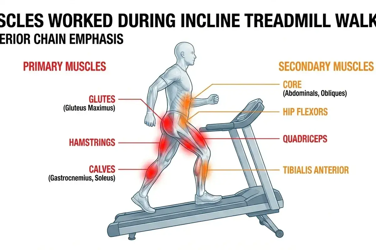 Muskeln beim incline walking auf einem Laufband: Gluteus, Hamstrings, Waden (prim&auml;r); Core, H&uuml;ftbeuger, Quadrizeps, Tibialis anterior (sekund&auml;r).