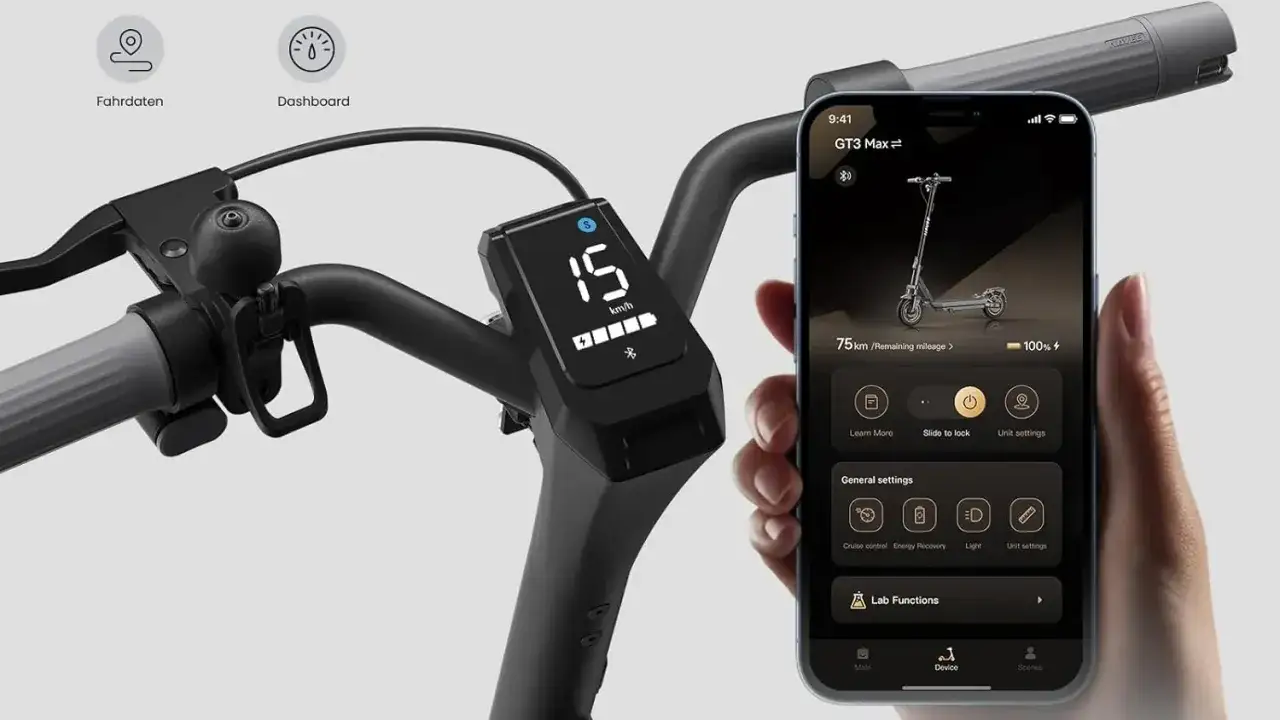 E-Scooter-Lenker mit Display und Smartphone-App. Die App zeigt, dass man den E-Scooter orten kann.