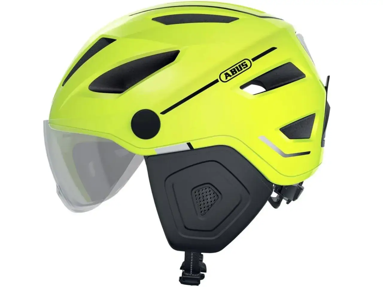 Leuchtend gelber Fahrradhelm mit Visier und Kinnschutz. Wer ohne Helm fahren will, riskiert nicht nur eine Strafe, sondern auch seine Gesundheit.