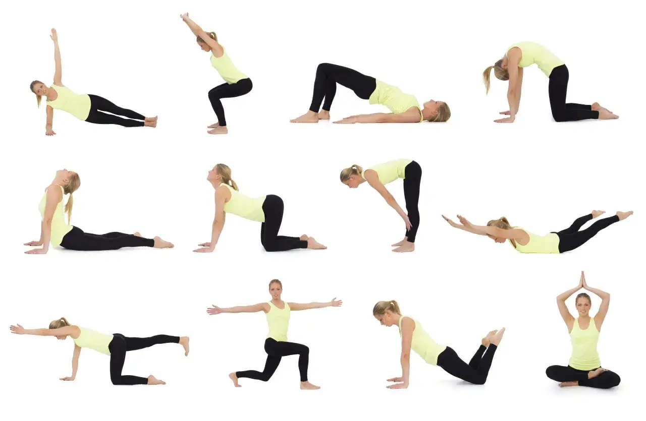 Frau in gelbem Top und schwarzen Leggings zeigt 12 Hatha Yoga Grundstellungen, von Plank bis Lotus.