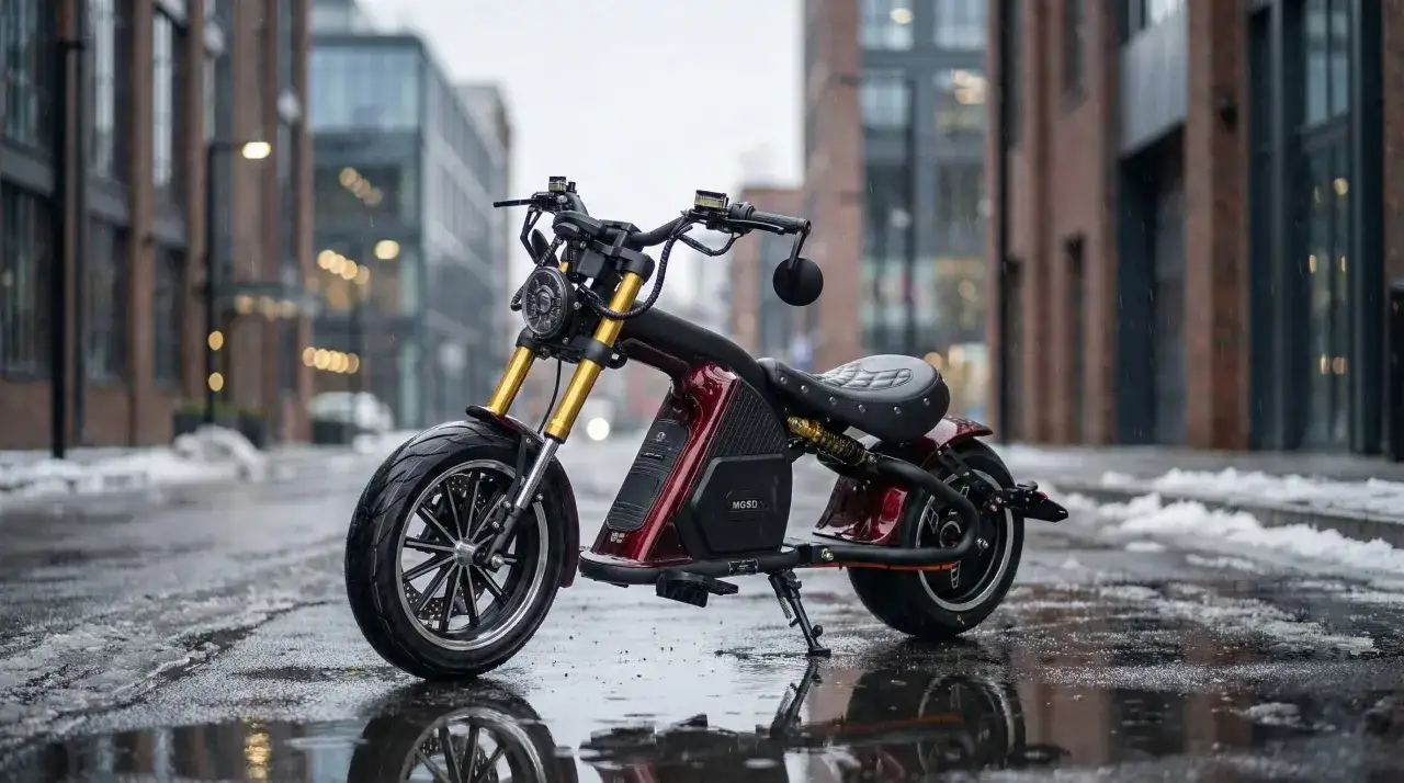 Ein roter E-Roller steht auf einer nassen Stra&szlig;e im Winter. Schnee liegt am Stra&szlig;enrand, und Regentropfen fallen.