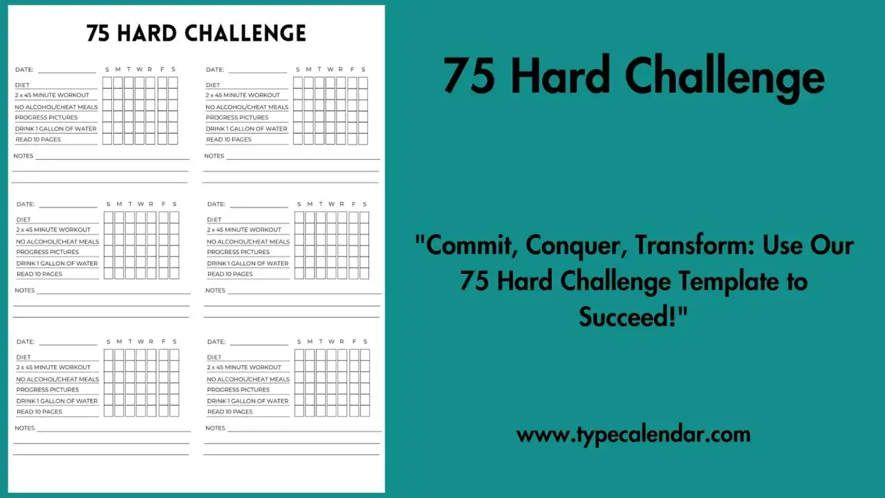 Vorlage für die 75 Hard Challenge mit täglichen Aufgaben wie Sport, Diät und Lesen.