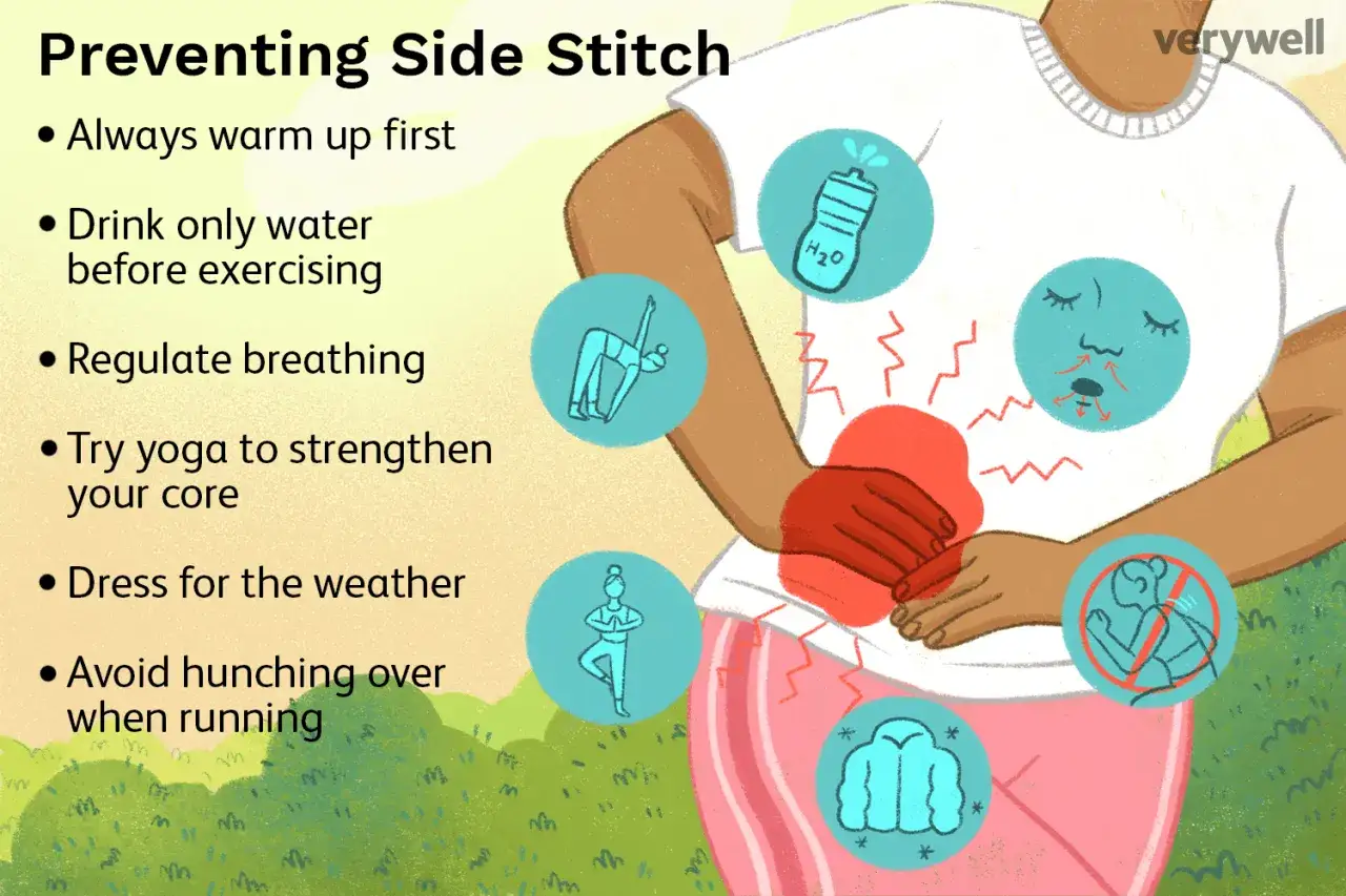 Illustration zeigt, wie man Seitenstechen beim Joggen vermeidet. Tipps wie Aufwärmen, richtige Atmung und Yoga helfen.