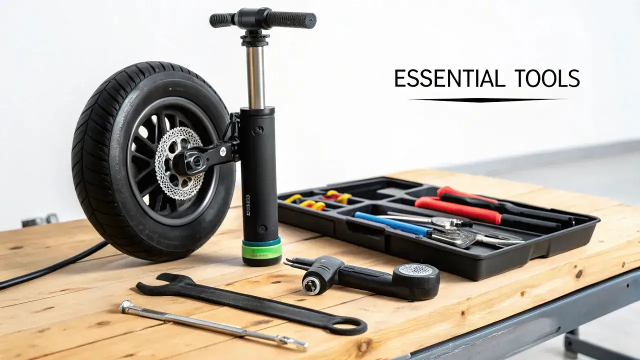 Werkzeugset f&uuml;r den Roller: Reifen wechseln leicht gemacht. Mit Pumpe, Schraubenschl&uuml;ssel und Werkzeugkasten.