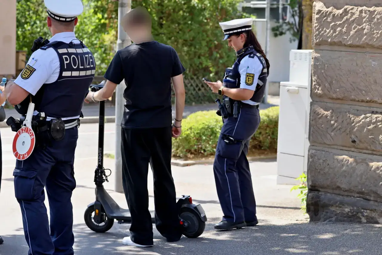 Zwei Polizisten kontrollieren einen jungen Mann mit einem E-Scooter. Einer der Beamten hält ein Stoppschild.