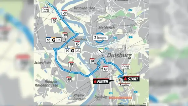 Streckenkarte für den Duisburg Ironman mit Start/Ziel, Kilometermarkierungen und Cut-Off-Zeiten. Die Route führt durch Homberg, Meiderich und entlang des Rheins.