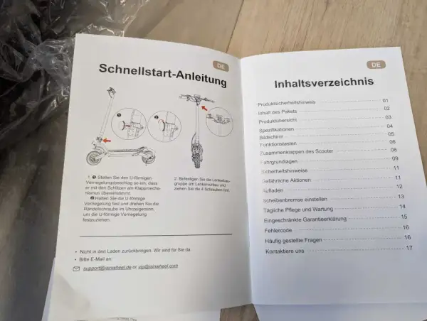 Schnellstart-Anleitung und Inhaltsverzeichnis für e-scooter papiere. Enthält Aufbau, Sicherheit und Wartung.