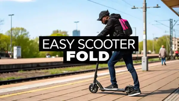 Mann mit Rucksack steht auf einem Elektroroller auf einem Bahnsteig. Der Schriftzug "EASY SCOOTER FOLD" ist im Bild zu sehen.