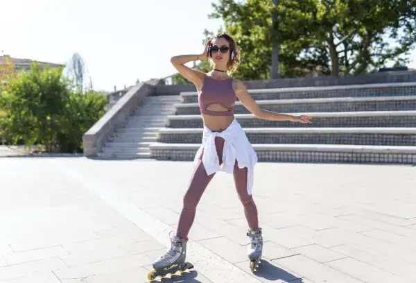 Frau auf Rollerskates, die ihre Arme bewegt. Beim Inliner fahren werden Beine, Po und Rumpf trainiert.