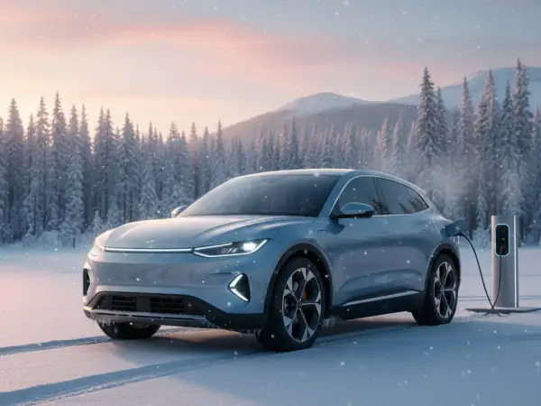 Blaues Elektroauto lädt im Winterwald. Die niedrige akku temperatur ist kein Problem, da es an einer Ladestation steht.
