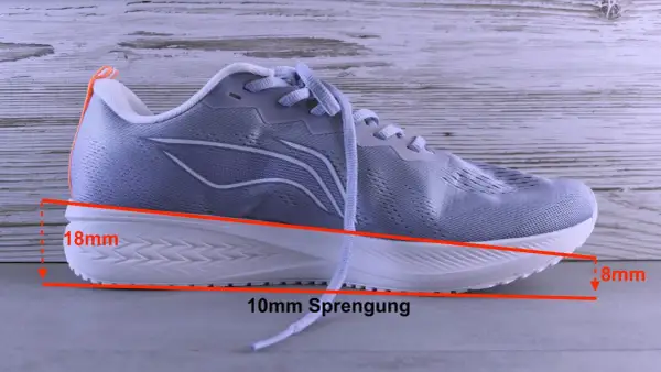 Grauer Laufschuh mit 10mm Sprengung. Die Fersendämpfung beträgt 18mm, die Vorderfußdämpfung 8mm.