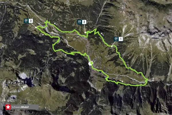 Luftaufnahme des Madrisa Trails mit Markierungen 1, 2 und 3. Der grüne Pfad schlängelt sich durch Wälder und über Berge.
